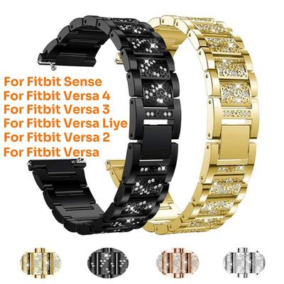 Stainless Steel Wristband for Fitbit Versa 4/3/2/Versa Lite Bands with Bling Diamond Fit Bit Versa Bracelet Strap for Woman Gold