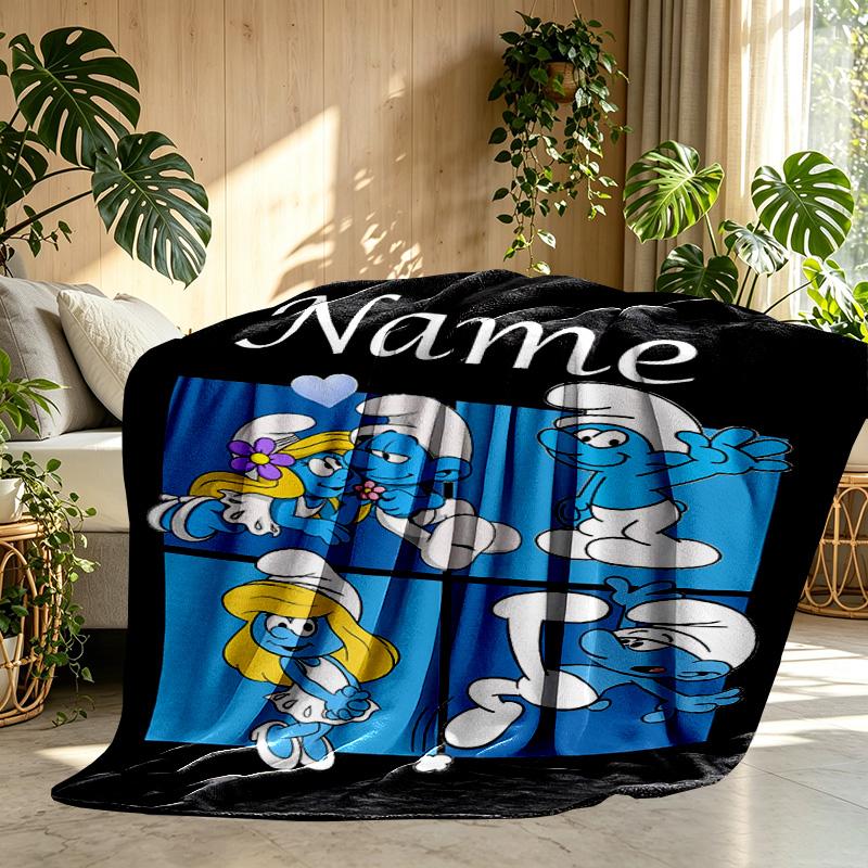 Custom Name Personalized Blue Smurfs Print Blanket, Home Decor, Bedroom, Sofa, Camping, Couch, Gifts for Birthday Christmas