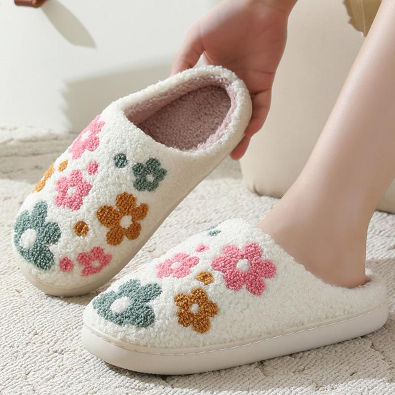Fashion Round Toe Floral Cotton Slippers Women Winter Faux Fur Warm Slides Woman Comfortable Soft Insoles Non Slip Plush Shoes Ladies