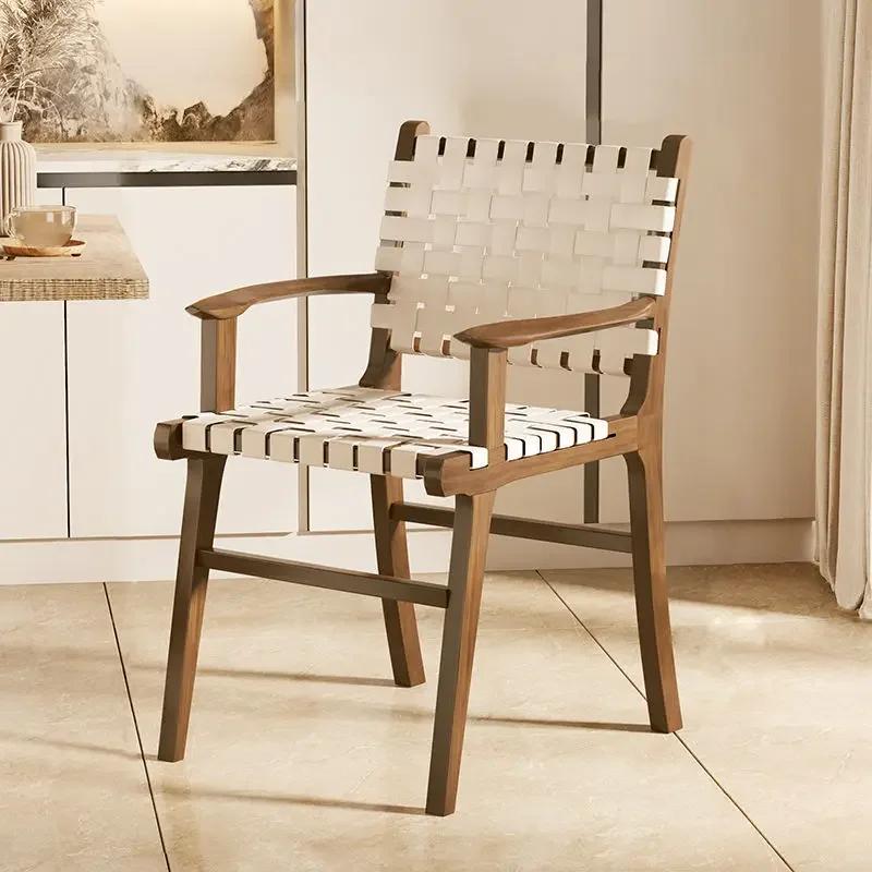 Nordic Wooden Rattan Lightweight Luxury Balcony Chair Rope-Woven Lazy Recliner Stylish Saddle Backrest Seat