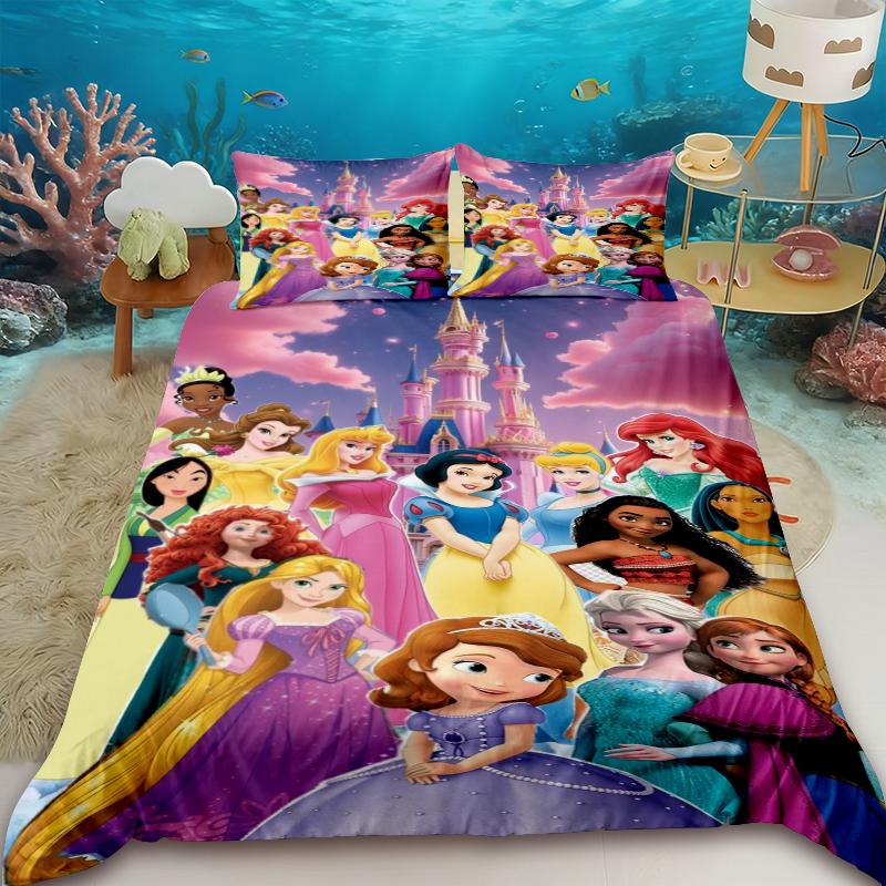Dream Princess Series Cartoon Duvet Cover Cinderella Princess Cartoon Bedding Set Skin-friendly Soft Bedroom Decor Gifts 135x200cm