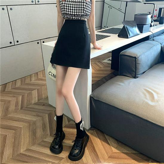 Women's 2024 Summer College Style Black High Waist Slimming A-Line Skirt