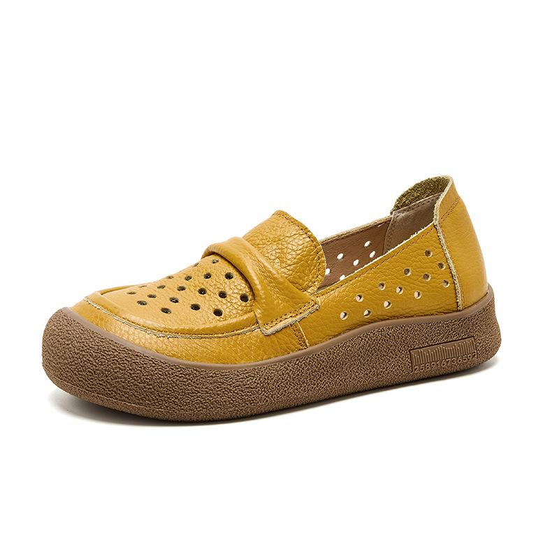 Fashion Genuine Leather Yellow Flats Hollow Out Moccasins Shoes for Women Summer Breathable Loafers Woman Barefoot Slip On Shoes Ladies