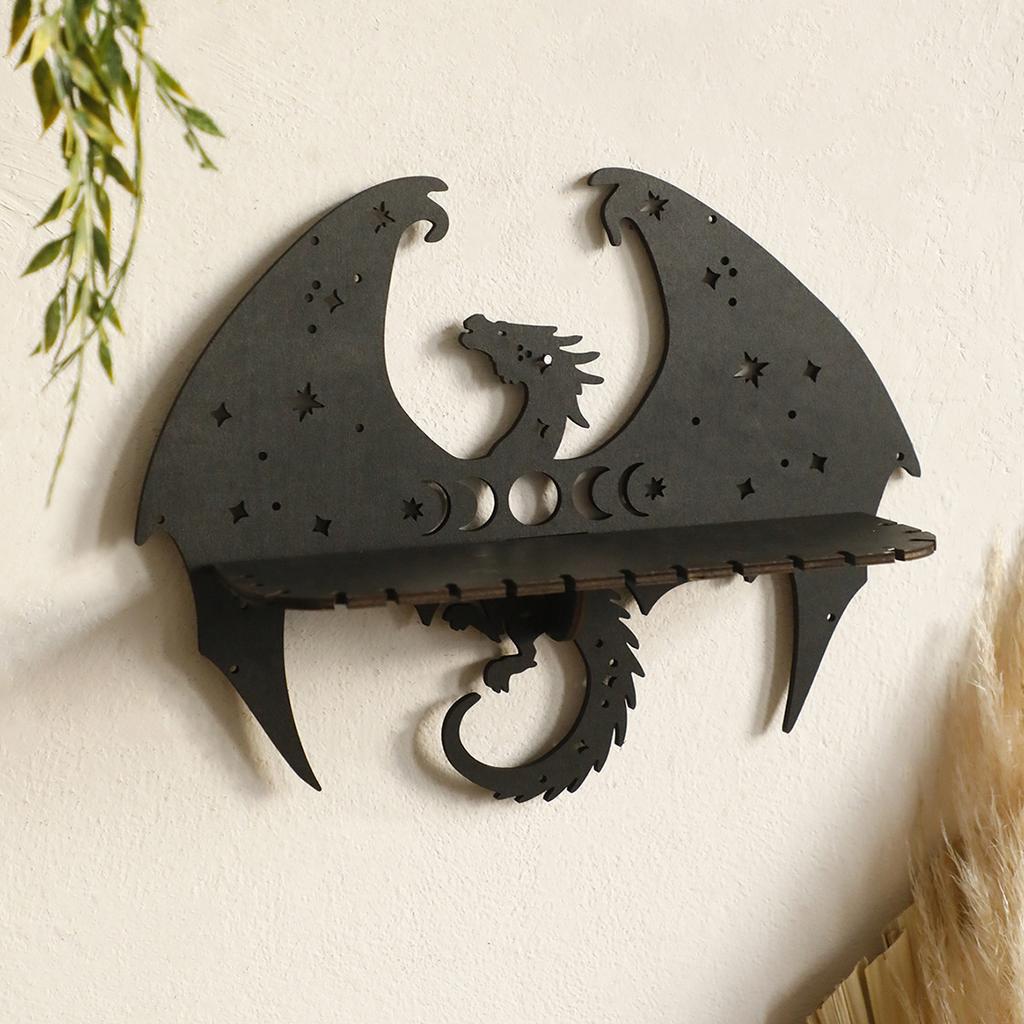 Dragon Shaped Floating Wall Shelves Gothic Witchy Wooden Wall Mounted Display Rack Black Wooden Room Decor Decoration (Black)