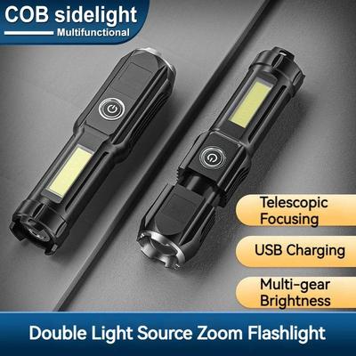 Torcia LED Super Luminosa con Luce Laterale COB Ricaricabile USB Zoomabile Impermeabile per Campeggio all'Aperto Escursionismo Illuminazione