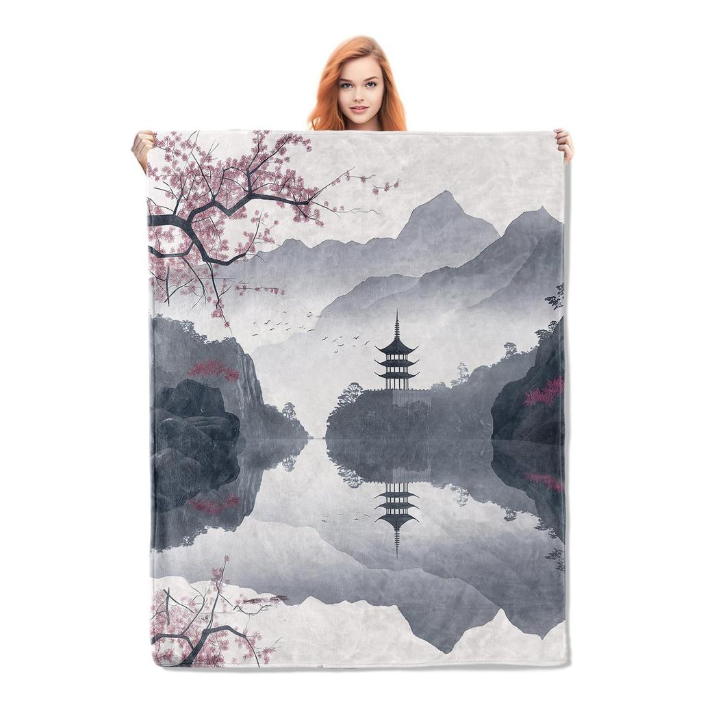 Wash-ink landscape painting digital-printed polyester Bedroom velvet flannel soft sofa cover blanket Fleece sofa cover blankets