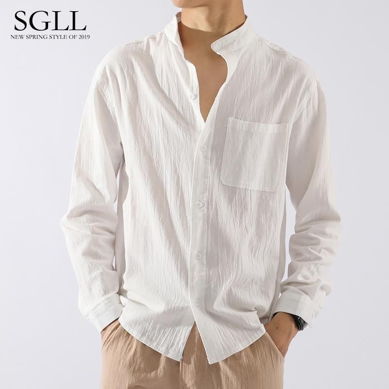 Men Linen Shirt for Men Long Sleeves Slim Fit Casual Thin Solid Color Vintage Beach  Shirt Sun Protection Cotton Linen Shirts