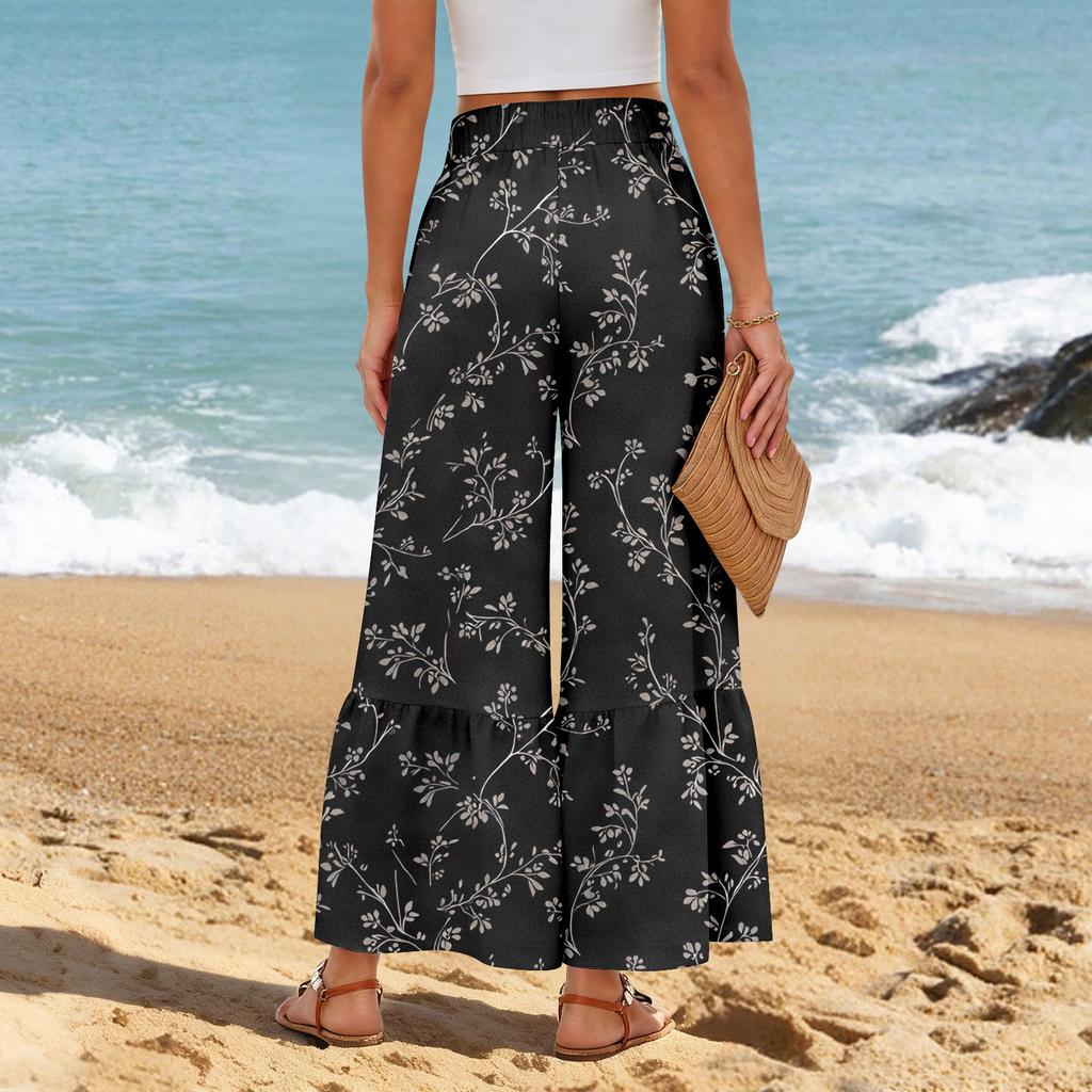 Women's Wide-Leg Casual Pants, Stretch, High Waist, Ruffled Hem, Wide Legs, Belted, And Pockets