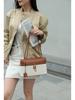 Women's Elegant Genuine Leather & Canvas Crossbody Bag - Color Block Small Square Bag
