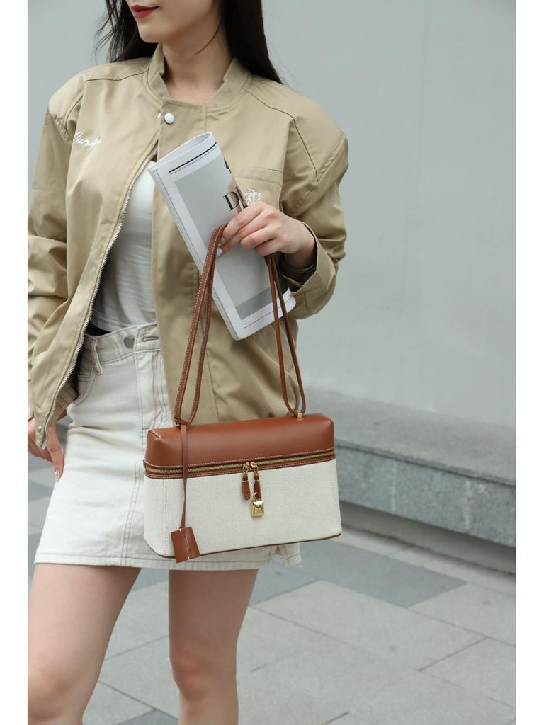 Women's Elegant Genuine Leather & Canvas Crossbody Bag - Color Block Small Square Bag