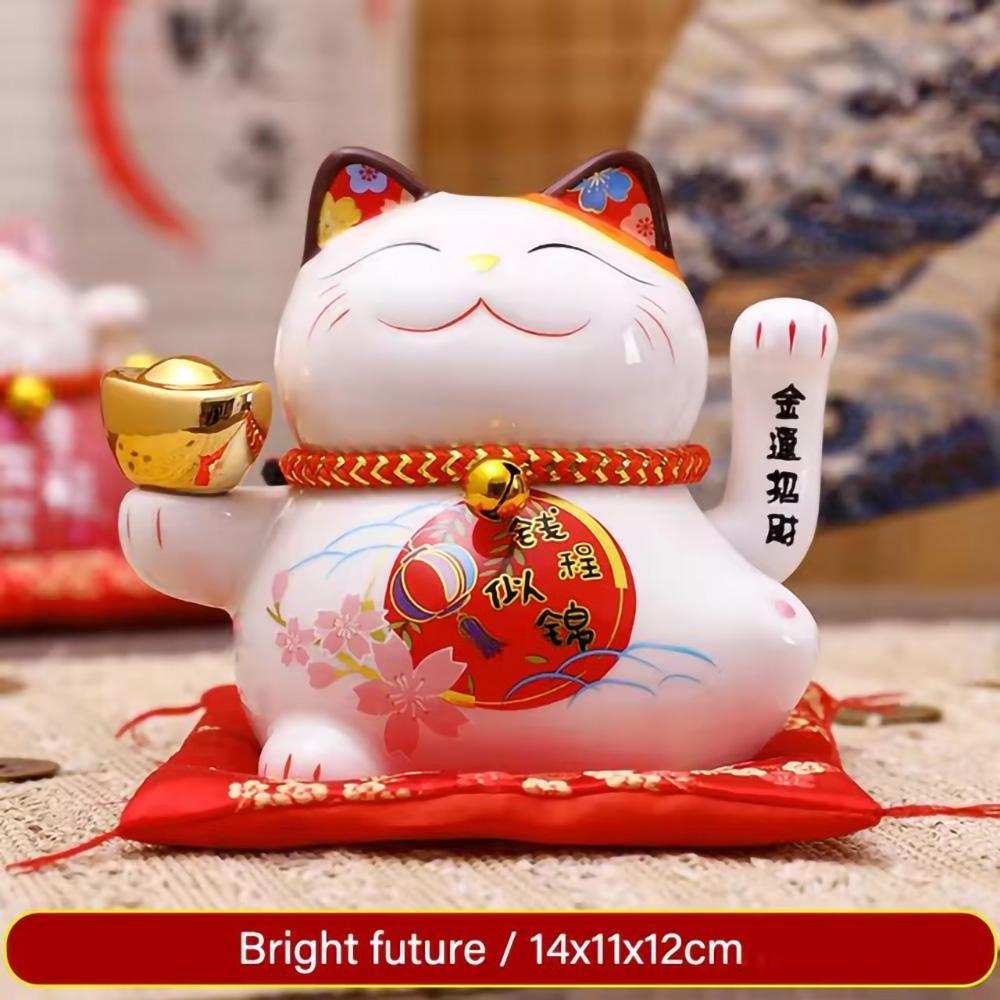 Beckoning Cat Ceramic With Gift Box Waving Hand Lucky Cat Battery Powered Maneki Neko Best Gift Home Decoration Fortune Lucky