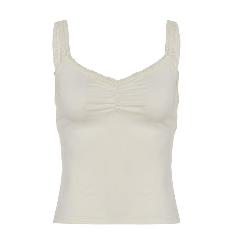H's European and American Women's Clothing French Minority Lace Lace Light Yellow Strap Basic Silm Outwear Sexy Short Top