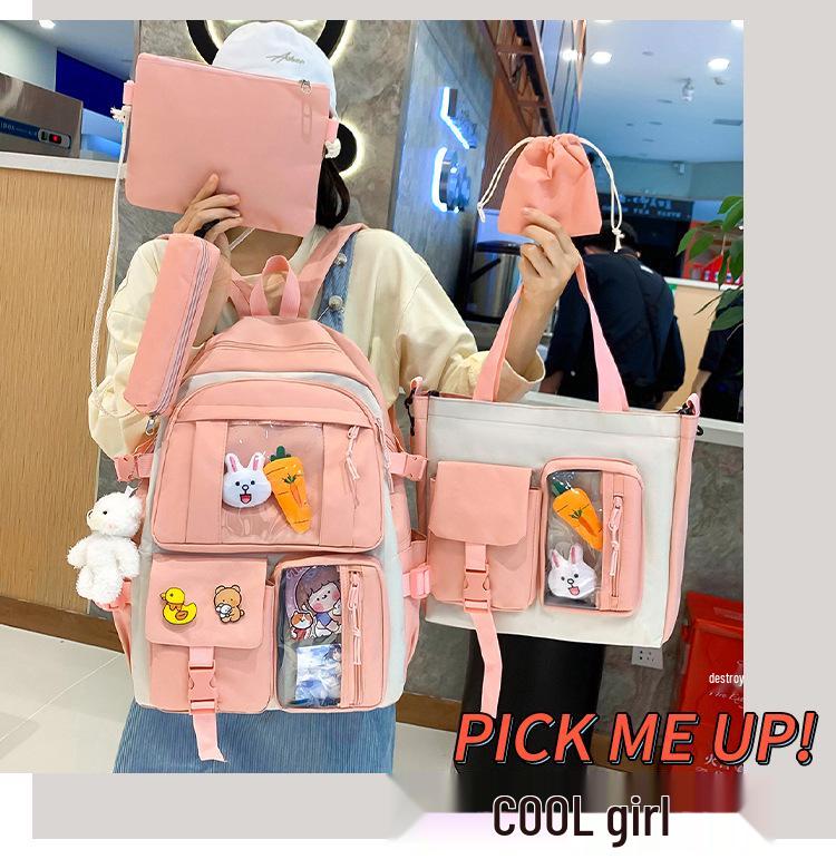 INS High School Durable Five-Piece Backpack Set for Girls - Large Capacity, Double Shoulder Bag for Junior and Middle School Students
