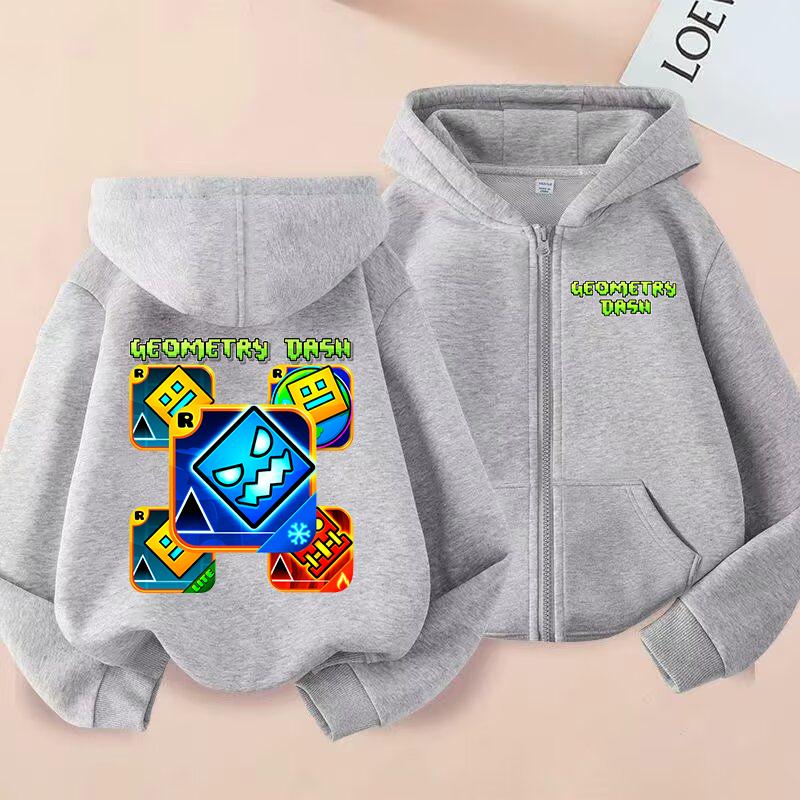 Sudadera con capucha y cremallera impresa de Geometry Dash Ropa para niño y niña Tops casuales Chaqueta abrigo de manga larga Sudaderas con cremallera de dibujos animados para niños