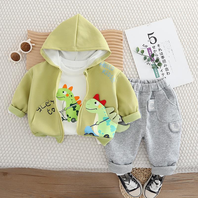 

Детская куртка с длинными рукавами и принтом динозавра из мультфильма для мальчиков, комплект из трех предметов, капюшон + белый топ с круглым вырезом + повседневные брюки S зелёный