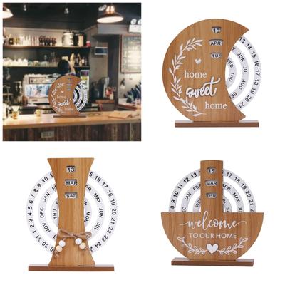 Wood Permanent Calendar Handcrafts Moon Shape Desk Decors with Adjustable Date and Week Display for Home and Office