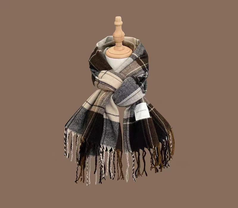 2024 Japonský Retro Kostkovaný Šátek s Třásněmi - Dámský Zimní Hřejivý Všestranný Studentský & Pár Nákrčník