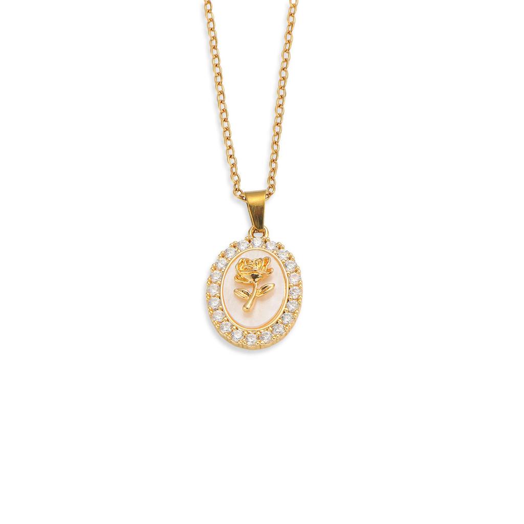French White Shell Rose Pendant Necklace with Zircon, Gold-Plated Chain