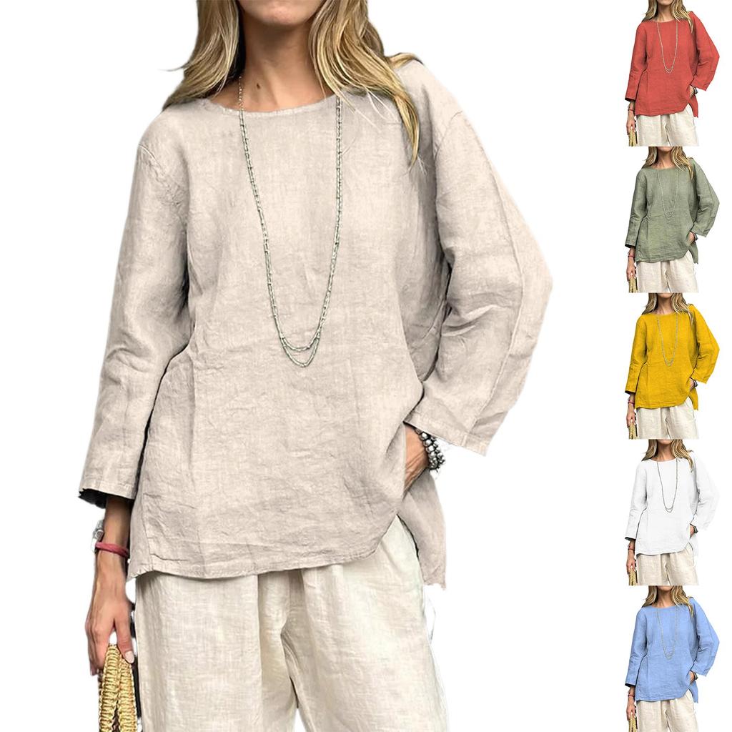 Women's Loose Cotton And Linen Retro Printed Round Neck Long Sleeved Fashionable Top