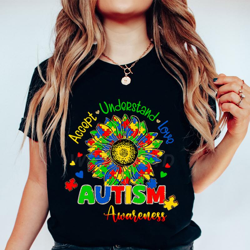 Autism Awareness Woman Tshirts Accept Understand Love Shirt Autism Teacher Gift Autism Gift for Mom Proud Short Sleeve Tshirt