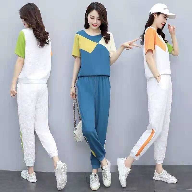 Plus Size Color Block Two-Piece Sportswear Set: Short Sleeve T-shirt & Jogger Pants