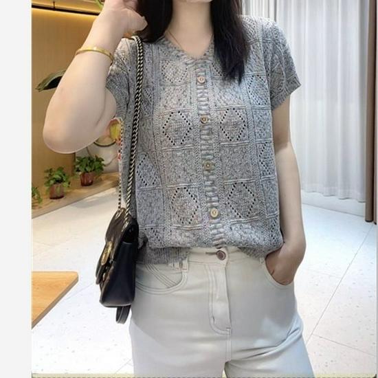 Women's Summer Knit Top with Flutter Sleeves - Breathable, Loose-Fit, Hollow Design, Short-Sleeve, Light Cardigan Style.