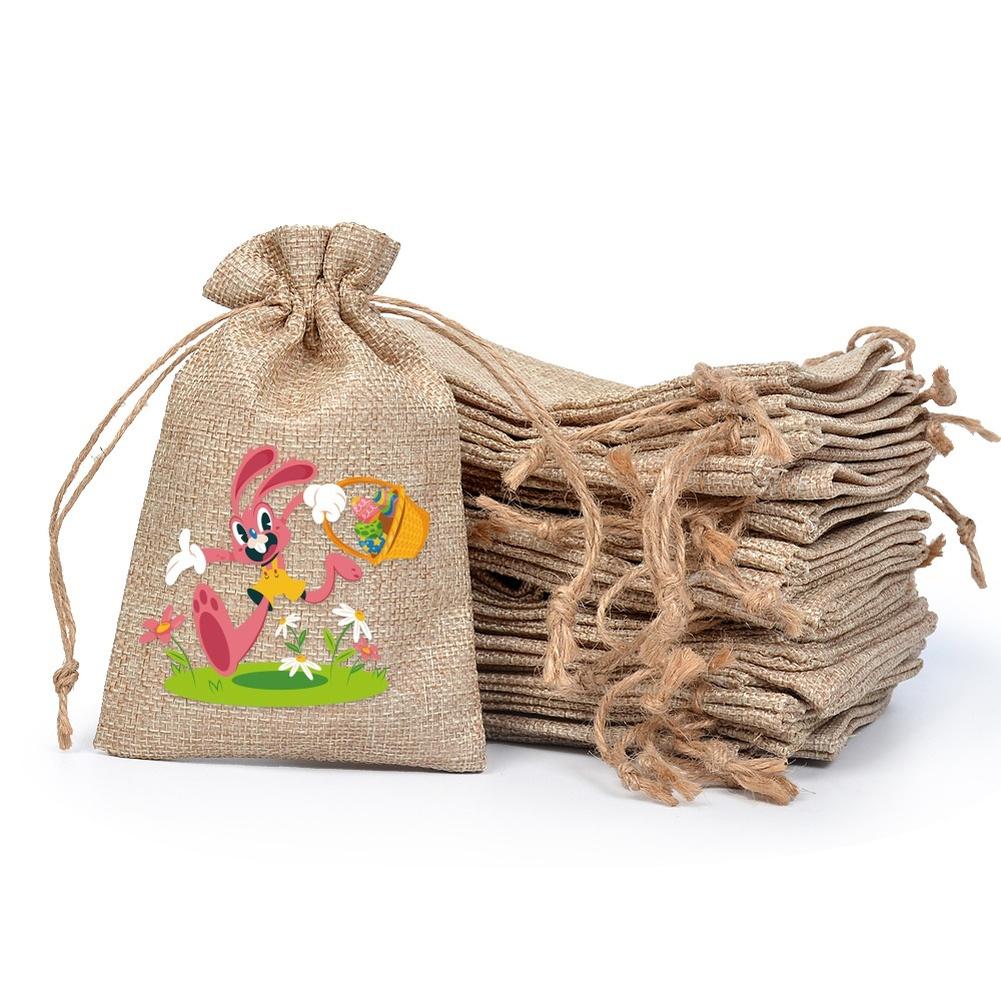 Egg Hunt Easter Favor Bags Linen Fabric Assorted Patterns Reusable Design For Candy Gifts Drawstring Candy Pouches