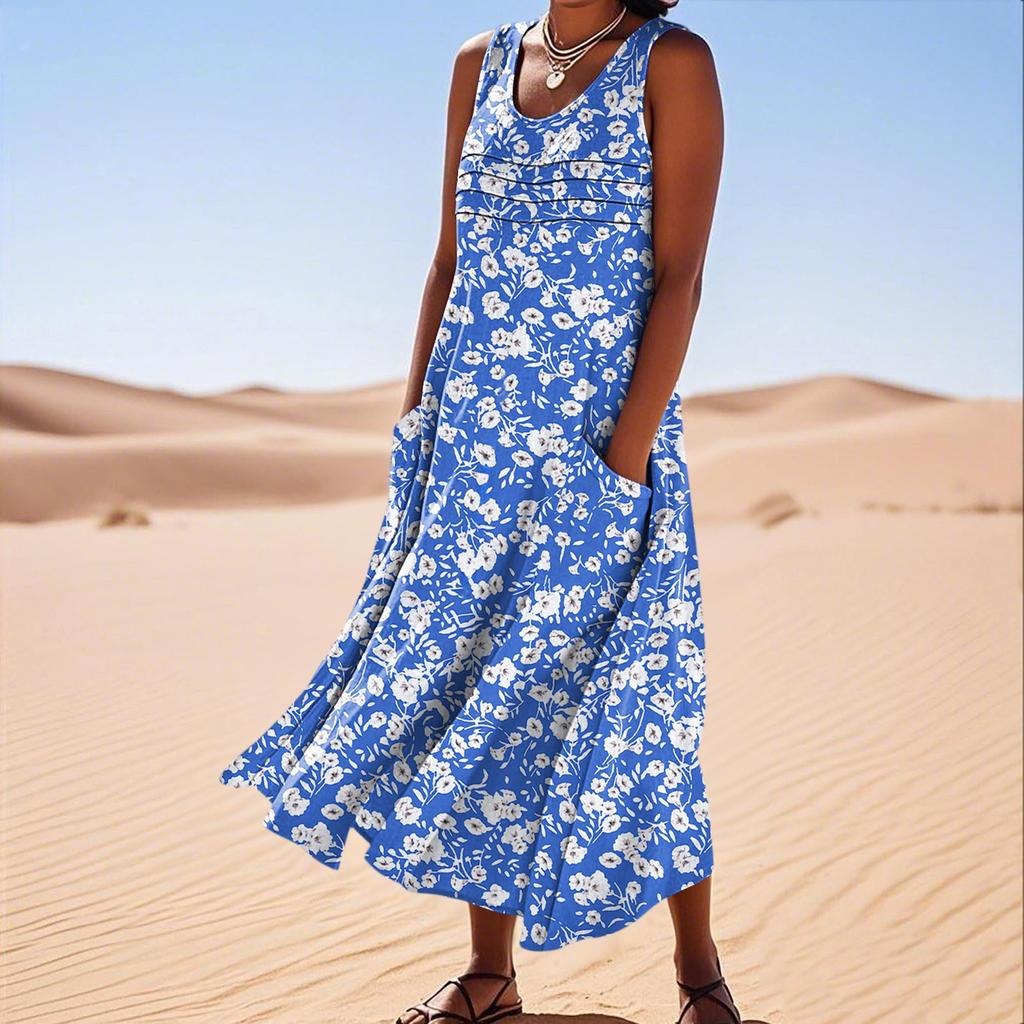 Women's Fashion Round Neck Sleeveless Pleated Beach Dress With Pockets Long Floral Dresses