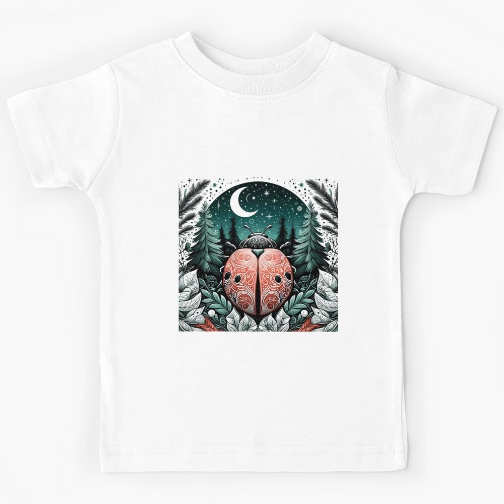 Boho Woodland Ladybug Under Crescent Moon Kids T-Shirt 150