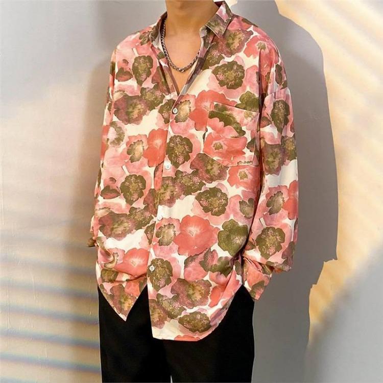 Retro Hong Kong Style Men's Floral Shirt Casual All-Match Jacket Japanese Korean Style Trendy Spring Autumn Fashion