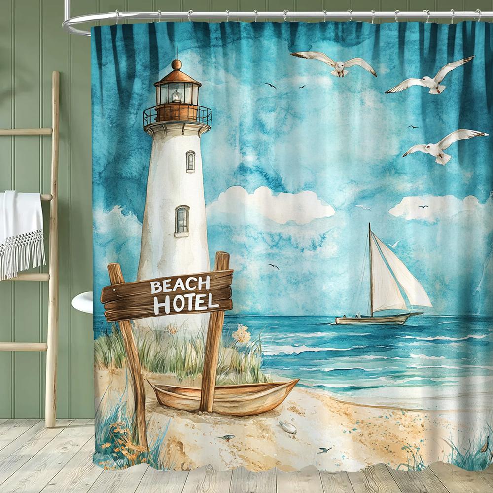 Dunika Chen Blue Lighthouse Coastal Scenery Shower Curtain, Beach Ocean Sea Bathroom Decorative Shower Curtain, Home Curtain With Hooks