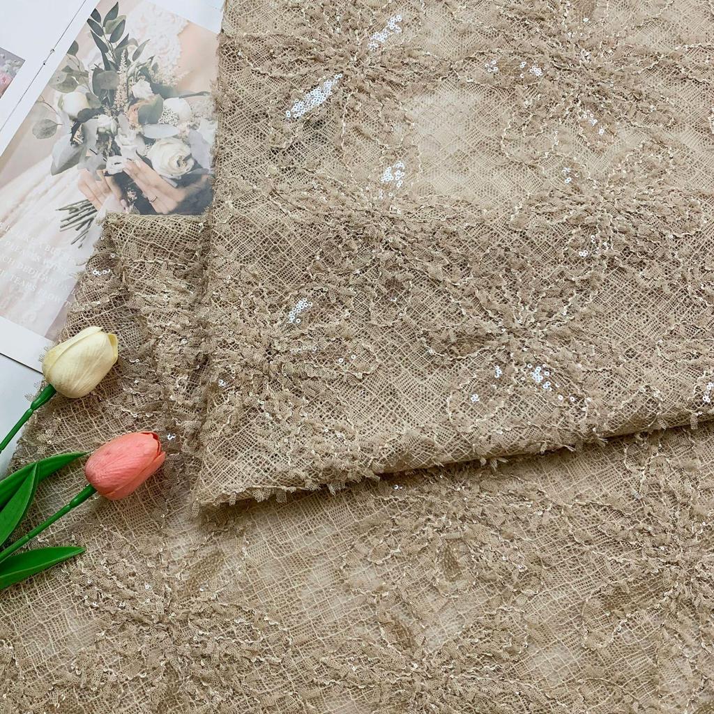 3D Floral Sequin Embroidery Lace Fabric for Wedding Dresses & Evening Gowns
