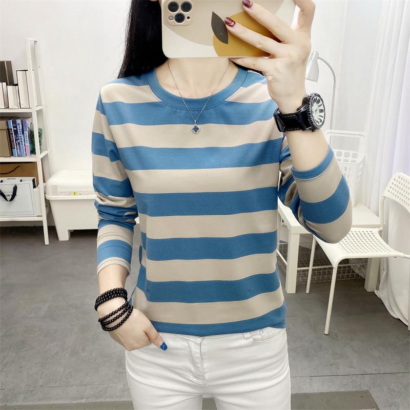 

Свободная повседневная женская футболка в полоску с длинным рукавом 2024 года — универсальный нишевый дизайн на весну и осень L (106-120 jin)