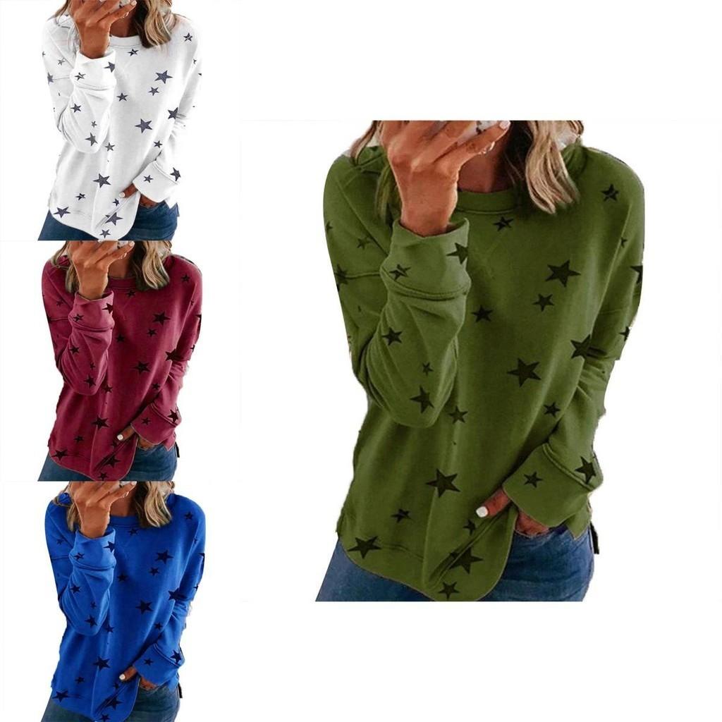 Women Casual Tunic Crew Neck Long Sleeve Star Print Tee Top Blouse For Daily Comfort And Style