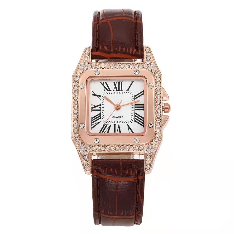 Fashionable Casual Ladies Watch Spot Set Auger Ms Roman Square Watch Women Watch Female Skin with Table