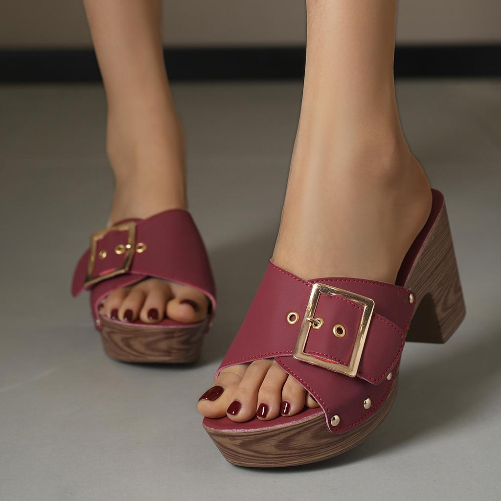 Large size thick high-heeled slippers women's summer new European and American style rivets wood grain Zhuotian popular sandals women