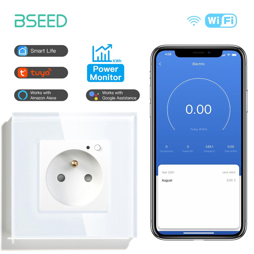 BSEED Single Wifi French Socket Double Power Monitor Wall Sockets Triple Smart Outlets Glass Frame Tuya Smart Life Control