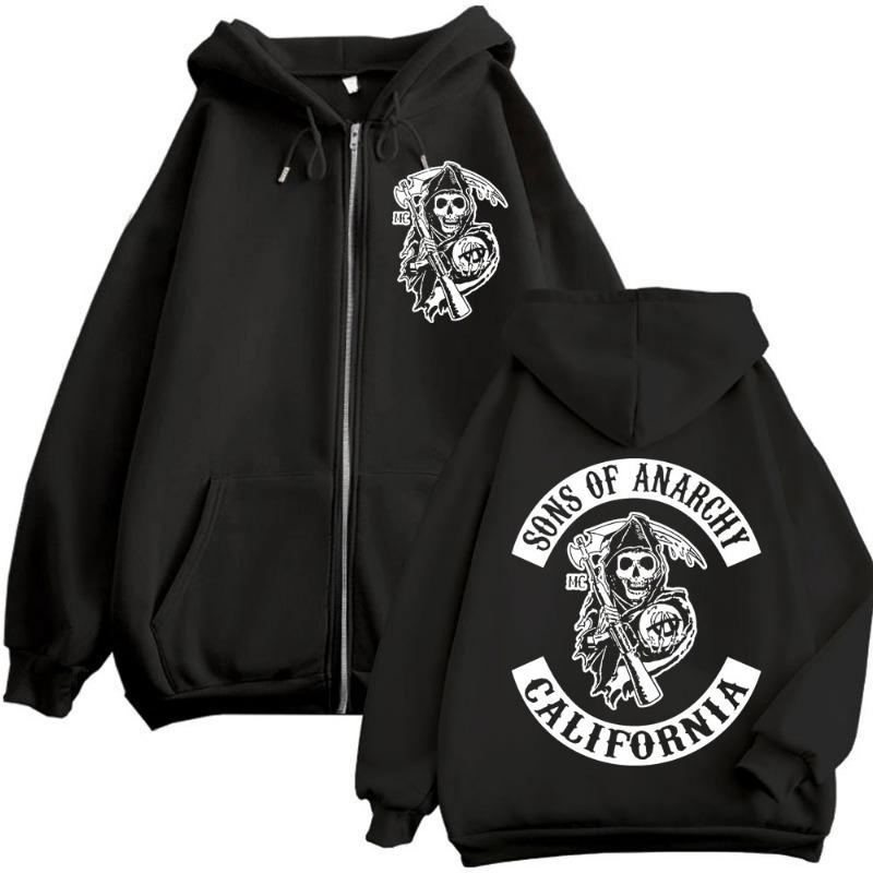 Sons of Anarchy Double Sided Zipper Hoodie Men's Gothic Vintage Zip Up Sweatshirt Casual Fashion Pullovers