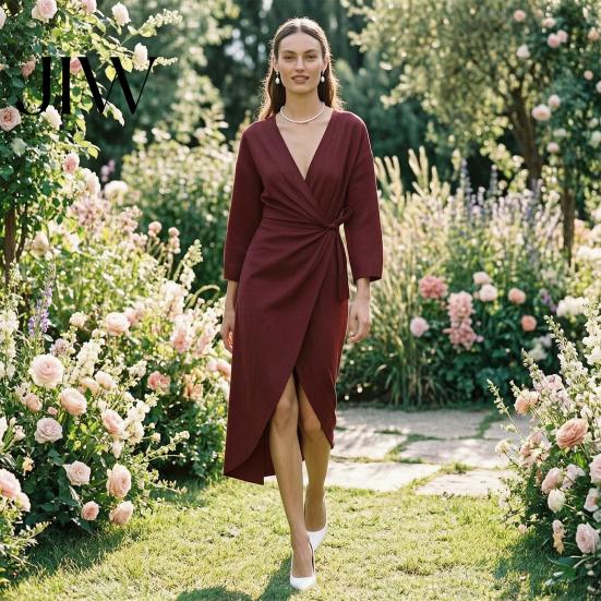 Deep V-Neck Dress Summer Women Dress, Ruffle Slim Waist Midi Long Casual Dresses Sleeves Solid Color Wrap for Daily Wear Party