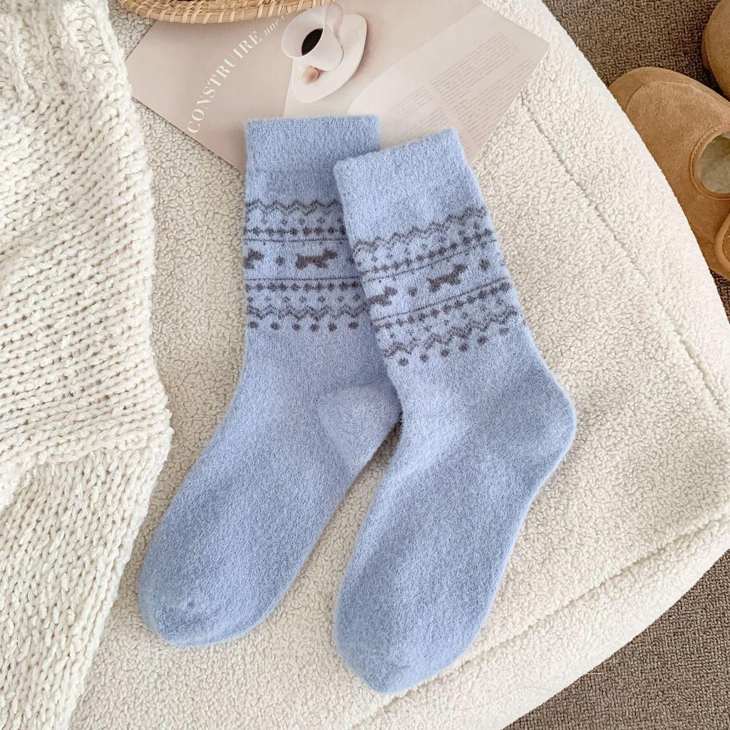 Fair Isle Puppy Bow Mid-Calf Wool Socks - Cozy Autumn/Winter Japanese Style Women's Warmth