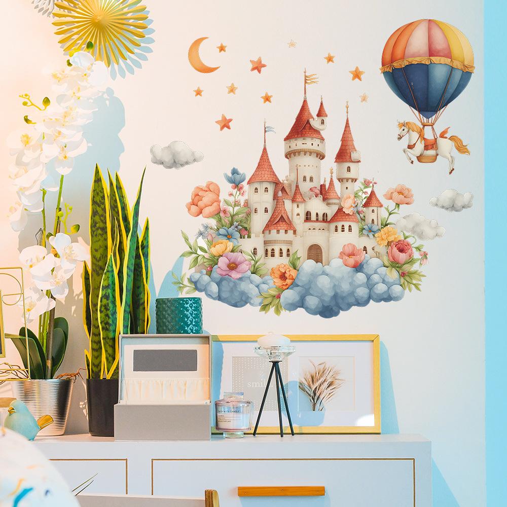 Self-adhesive Cartoon Castle Flowers Hot Air Balloon Wall Stickers for Kids Room Bedroom Home Decor