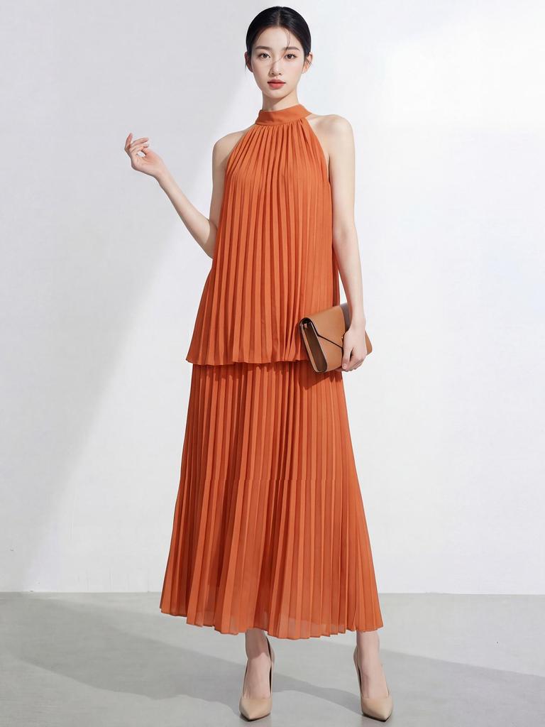 Miyake Halter Neck Seaside Resort Two-Piece Long Dress with Fashionable Flowy Drape