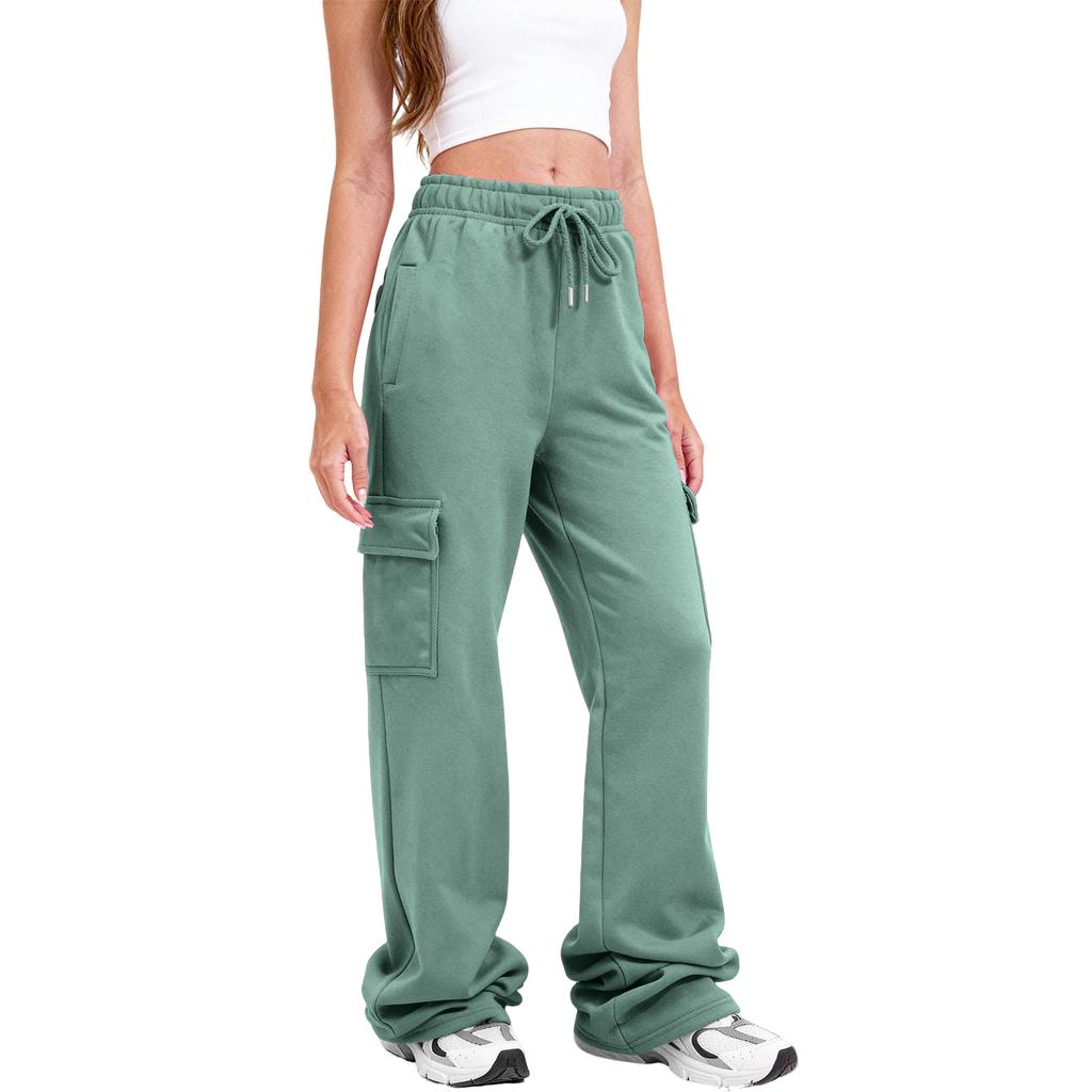 Women Cargo Sweatpants Stacked Pants Warm Fleece Drawstring Waist Casual Joggers Trousers
