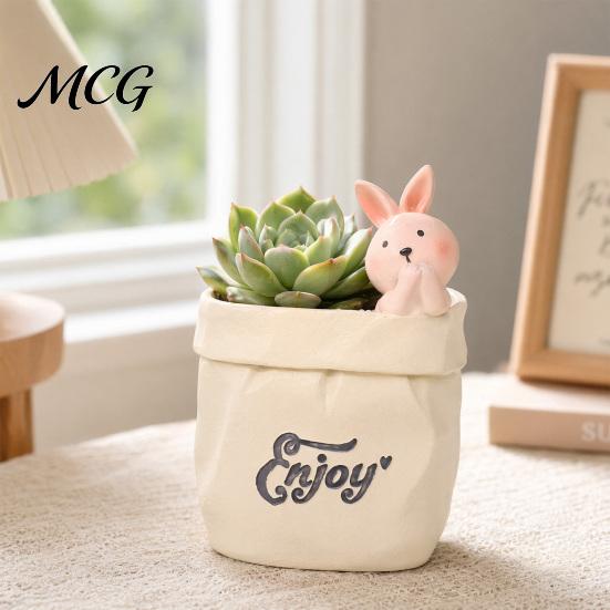 Pen Holder Wrinkled Paper Bag with Animal Decor, Resin Desk Cup Organizer & Succulents Planter, Cute Stationery Gift for Students Office Soft