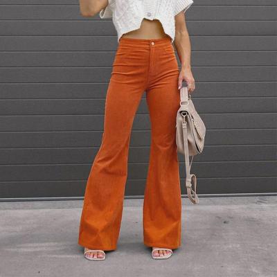 2025 Spring/Autumn European & American Women's Solid Color Mid-Waist Slim Micro-Flared Corduroy Casual Pants