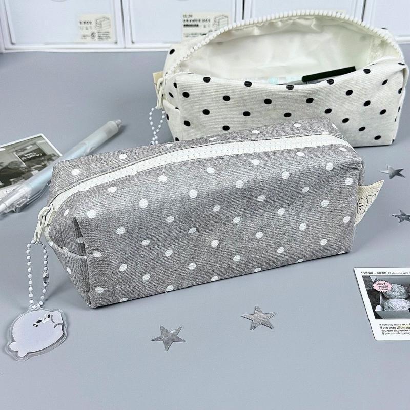 Korean-Style Polka Dot Pencil Case Large Capacity With Cute Seal Pendant For Students School Office Use