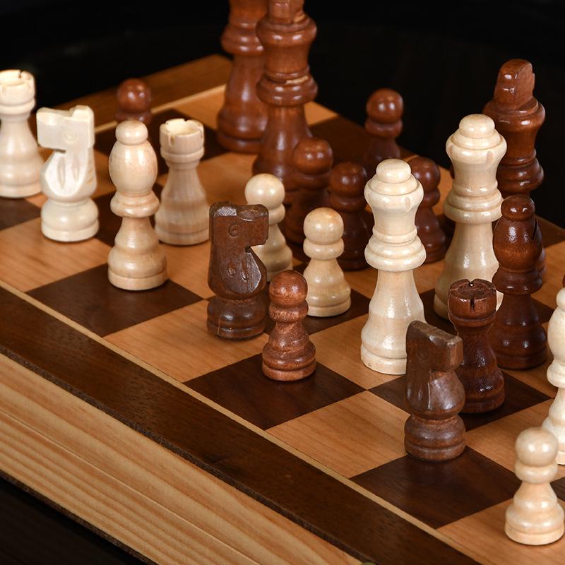 Qi Shou Schackset i massivt trä, hopfällbart och magnetiskt, med bräde i PU-läder