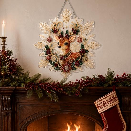 Handmade Christmas Tree Decor Faux Pearl Painting Suncatcher Kit, Acrylic Snowflake Shaped Board with Lace Relaxing Holiday Activity Edge, 3D Gemstone