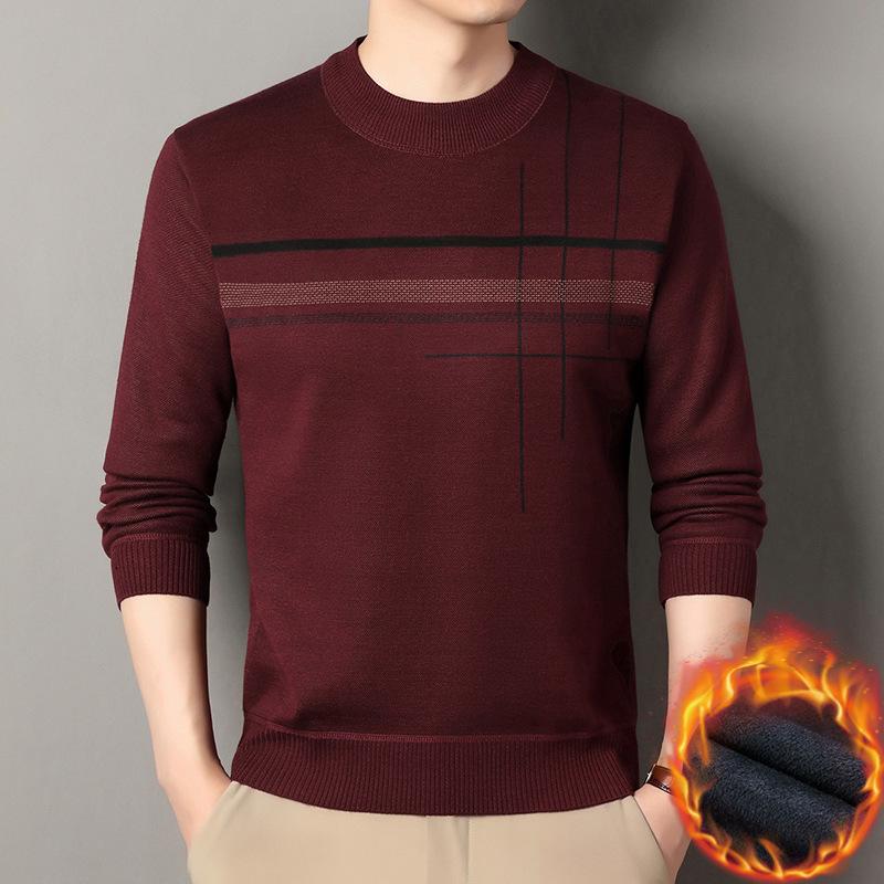 

Men s Winter Plus Velvet Knit Sweater - Round Neck Striped Wool Sweater for Middle-aged & Elderly - American Style Base Layer XXL вина червоного кольору