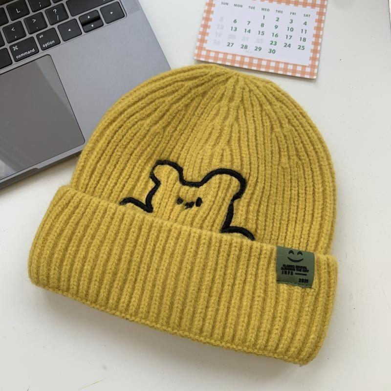 Deepsea Cute Bear Embroidered Knit Hat Korean Style Thickened Ear Protection Cold Hat For Women